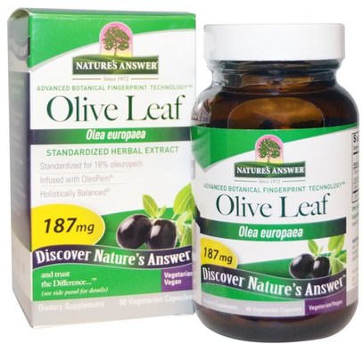 Natures Answer, Olive Leaf, Standardized Herbal Extract, 187 mg, 60 Vegetarian Capsules ,الصحة، إنفلونزا البرد، &، فيروسي، ورقة للنبات الزيتون