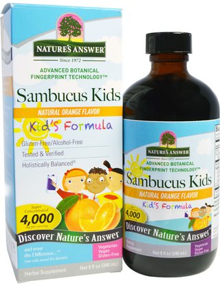 Natures Answer, Sambucus Kids Formula, Natural Orange Flavor, 4,000 mg, 8 fl oz (240 ml) ,صحة الأطفال، العلاجات العشبية للأطفال
