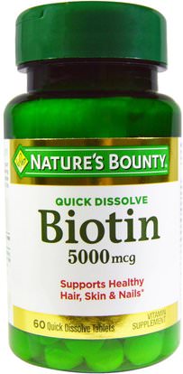 Natures Bounty, Biotin, 5000 mcg, 60 Quick Dissolve Tablets ,الفيتامينات، فيتامين ب، البيوتين، الصحة، المرأة، مكملات الشعر، مكملات الأظافر، ملاحق الجلد