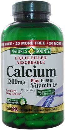Natures Bounty, Calcium Plus Vitamin D3, 1200 mg/1000 IU, 220 Rapid Release Softgels ,والملاحق، والمعادن، والكالسيوم فيتامين د