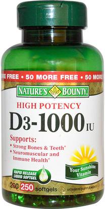 Natures Bounty, D3, High Potency, 1000 IU, 250 Rapid Release Softgels ,الفيتامينات، فيتامين d3
