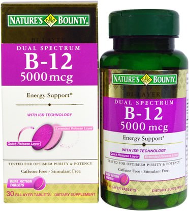 Natures Bounty, Dual Spectrum B-12, 5000 mcg, 30 Bi-Layer Tablets ,الفيتامينات، فيتامين ب، فيتامين ب 12