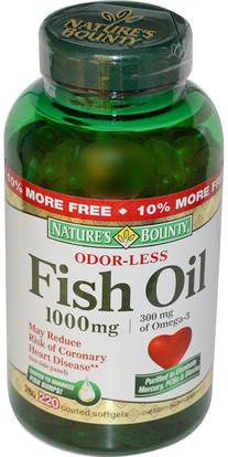 Natures Bounty, Odor-Less Fish Oil, 1,000 mg, 220 Coated Softgels ,المكملات الغذائية، إيفا أوميجا 3 6 9 (إيبا دا)، زيت السمك، سوفتغيلس زيت السمك