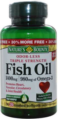Natures Bounty, Odor-Less Fish Oil, Triple Strength, 1400 mg, 39 Coated Softgels ,المكملات الغذائية، إيفا أوميجا 3 6 9 (إيبا دا)، زيت السمك، سوفتغيلس زيت السمك