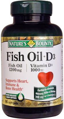 Natures Bounty, Fish Oil + D3, 90 Softgels ,المكملات الغذائية، إيفا أوميجا 3 6 9 (إيبا دا)، زيت السمك، سوفتغيلس زيت السمك، الفيتامينات، فيتامين d3