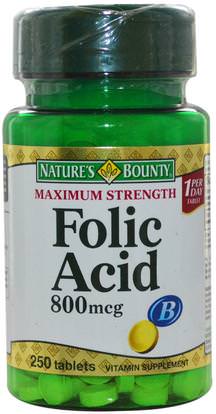 Natures Bounty, Folic Acid, Maximum Strength, 800 mcg, 250 Tablets ,الفيتامينات، حمض الفوليك