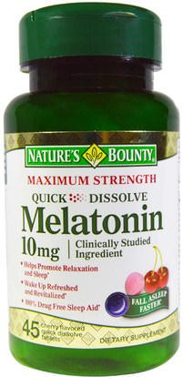 Natures Bounty, Melatonin, Quick Dissolve, Natural Cherry Flavor, 10 mg, 45 Quick Dissolve Tablets ,المكملات الغذائية، الميلاتونين