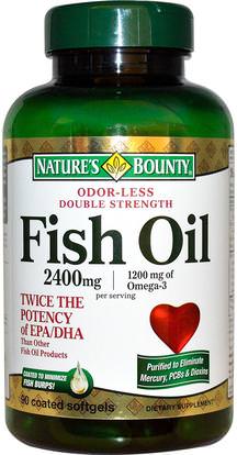 Natures Bounty, Odor-Less Double Strength, Fish Oil, 2400 mg, 90 Coated Softgels ,المكملات الغذائية، إيفا أوميجا 3 6 9 (إيبا دا)، زيت السمك، سوفتغيلس زيت السمك