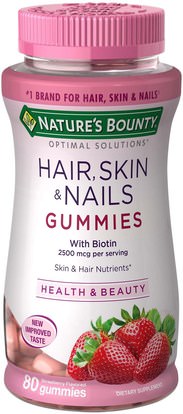 Natures Bounty, Optimal Solutions, Hair, Skin & Nails Gummies, Strawberry Flavored, 80 Gummies ,حمام، الجمال، الشعر رقيق و إعادة نمو، الحرارة المنتجات الحساسة