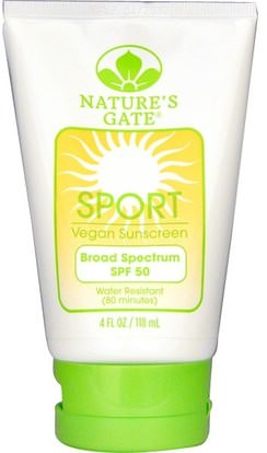 Natures Gate, Sport, Vegan Sunscreen Lotion, SPF 50, Fragrance-Free, 4 fl oz (118 ml) ,حمام، الجمال، واقية من الشمس