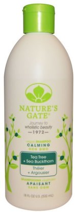 Natures Gate, Shampoo, Calming, Vegan, Tea Tree + Sea Buckthorn, 18 fl oz (532 ml) ,حمام، الجمال، الشامبو، الشعر، فروة الرأس، مكيف