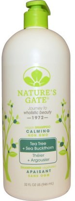 Natures Gate, Shampoo, Calming, Vegan, Tea Tree + Sea Buckthorn, 32 fl oz (946 ml) ,حمام، الجمال، الشامبو، الشعر، فروة الرأس، مكيف
