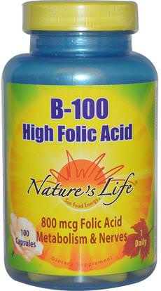 Natures Life, B-100, High Folic Acid, 100 Capsules ,الفيتامينات، فيتامين ب المعقدة، فيتامين ب المعقدة 100