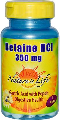 Natures Life, Betaine HCL, 350 mg, 100 Tablets ,والمكملات الغذائية، بيتين هكل، والهضم والمعدة