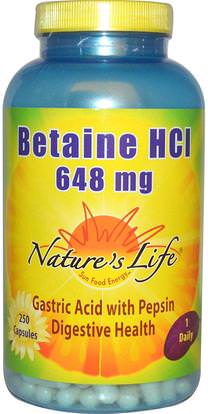 Natures Life, Betaine HCl, 648 mg, 250 Capsules ,المكملات الغذائية، البيتين هكل