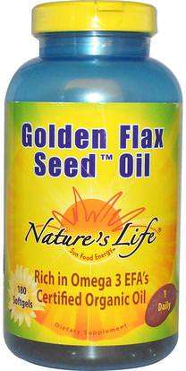 Natures Life, Golden Flax Seed Oil, 180 Softgels ,المكملات الغذائية، إيفا أوميجا 3 6 9 (إيبا دا)، سوفتغيلس الكتان النفط