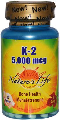 Natures Life, K-2, Bone Health Menatetrenone, 5,000 mcg, 60 Tablets ,الفيتامينات، فيتامين k