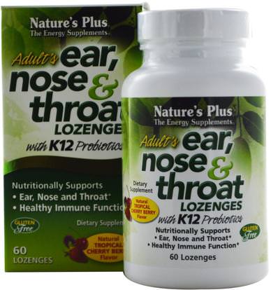Natures Plus, Adults Ear, Nose & Throat Lozenges, Tropical Cherry Berry, 60 Lozenges ,والصحة، والانفلونزا الباردة والفيروسية، ورذاذ الرعاية الحلق، الأذن السمع وطنين الأذن ومنتجات السمع