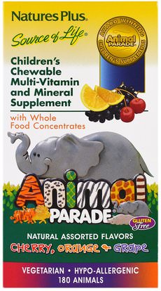 Natures Plus, Animal Parade, Childrens Chewable Multi-Vitamin & Mineral, Assorted Flavors, 180 Animals ,الفيتامينات، الأطفال الفيتامينات