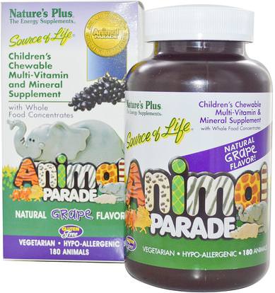 Natures Plus, Childrens Chewable Multi-Vitamin and Mineral Supplement, Natural Grape Flavor, 180 Animals ,الفيتامينات، الفيتامينات المتعددة، الأطفال الفيتامينات