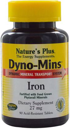 Natures Plus, Dyno-Mins, Iron, 27 mg, 90 Acid-Resistant Tablets ,المكملات الغذائية، والمعادن، والحديد