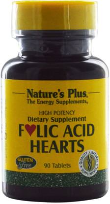 Natures Plus, Folic Acid Hearts, 400 mcg, 90 Tablets ,الفيتامينات، فيتامين ب، حمض الفوليك