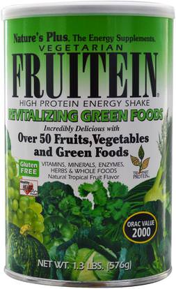 Natures Plus, Fruitein High Protein Energy Shake, Revitalizing Green Foods, 1.3 lbs (576 g) ,والمكملات الغذائية، واستبدال وجبة يهز، سوبرفوودس