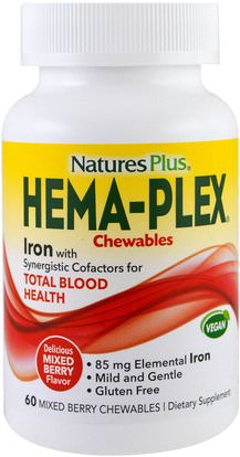Natures Plus, Hema-Plex, Mixed Berry, 60 Chewables ,المكملات الغذائية، والمعادن، والحديد