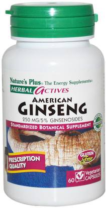 Natures Plus, Herbal Actives, American Ginseng, 250 mg, 60 Veggie Caps ,المكملات الغذائية، أدابتوغن
