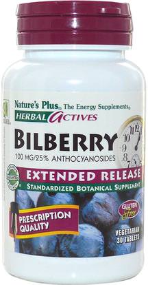 Natures Plus, Herbal Actives, Bilberry, Extended Release, 100 mg, 30 Veggie Tabs ,الصحة، العناية بالعيون، العناية بالعيون، التوت