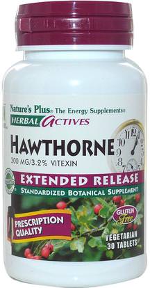Natures Plus, Herbal Actives, Hawthorne, Extended Release, 300 mg, 30 Veggie Tabs ,الأعشاب، الزعرور