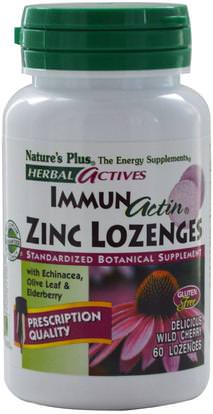 Natures Plus, Herbal Actives, Immun Actin, Zinc Lozenges, Wild Cherry, 60 Lozenges ,الصحة، الإنفلونزا الباردة والفيروسية، إلديربيري (سامبوكوس)