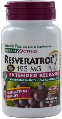 Natures Plus, Herbal Actives, Resveratrol, 125 mg, 60 Veggie Tabs ,المكملات الغذائية، ريسفيراترول
