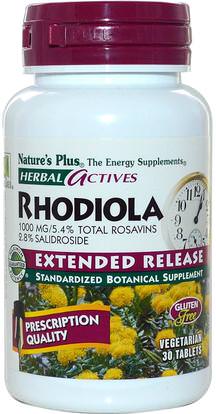 Natures Plus, Herbal Actives, Rhodiola, Extended Release, 1000 mg, 30 Veggie Tabs ,الأعشاب، روديولا، روزا