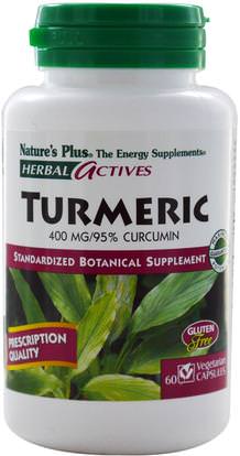 Natures Plus, Herbal Actives, Turmeric, 400 mg, 60 Veggie Caps ,المكملات الغذائية، مضادات الأكسدة، الكركمين
