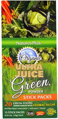 Natures Plus, Organic Ultra Juice Green Powder Stick Packs, 15 Stick Packs, 0.35 oz (10 g) Each ,والمكملات، وحزم خدمة واحدة