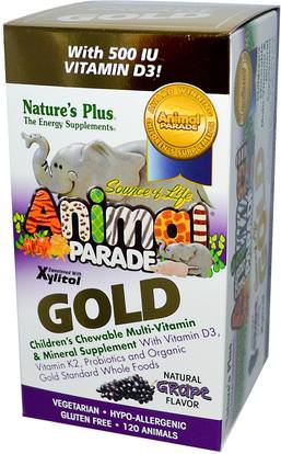 Natures Plus, Source of Life Animal Parade, Gold, Childrens Chewable Multi-Vitamin & Mineral Supplement, Natural Grape Flavor, 120 Animals ,الفيتامينات، الفيتامينات المتعددة، الأطفال الفيتامينات