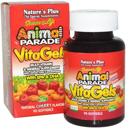Natures Plus, Source of Life, Animal Parade, VitaGels, Multi-Vitamin & Mineral Supplement, Natural Cherry Flavor, 90 Softgels ,الفيتامينات، الفيتامينات المتعددة، الأطفال الفيتامينات