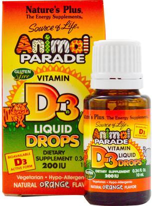 Natures Plus, Source of Life, Animal Parade, Vitamin D3, Liquid Drops, Natural Orange Flavor, 200 IU, 0.34 fl oz (10 ml) ,الفيتامينات، فيتامين أ & د، المكملات الغذائية للأطفال