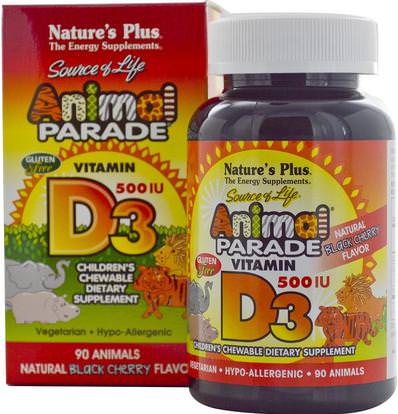 Natures Plus, Source of Life, Animal Parade, Vitamin D3, Natural Black Cherry Flavor, 500 IU, 90 Animals ,الفيتامينات، فيتامين d3، فيتامين a & d