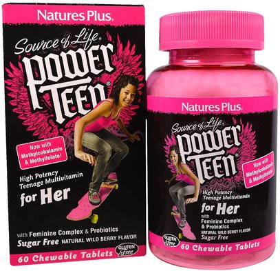 Natures Plus, Source of Life, Power Teen, For Her, Natural Wild Berry Flavor, 60 Chewable Tablets ,الفيتامينات، الفيتامينات المتعددة، الأطفال الفيتامينات