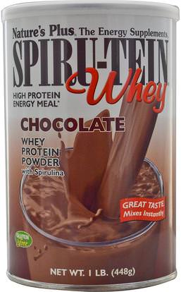 Natures Plus, Spiru-Tein Whey, High Protein Energy Meal, Chocolate, 1 lb. (448 g) ,والمكملات الغذائية، والبروتين