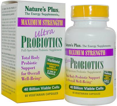 Natures Plus, Ultra Probiotics, 40 Billion Viable Cells, 60 Veggie Caps ,المكملات الغذائية، الإنزيمات، البروبيوتيك