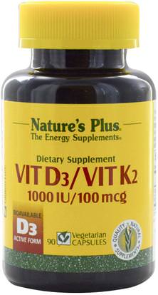 Natures Plus, Vit D3/Vit K2, 1000 IU/100 mcg, 90 Veggie Caps ,الفيتامينات، فيتامين أ & د، فيتامين d3