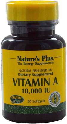 Natures Plus, Vitamin A, 10,000 IU, 90 Softgels ,المكملات الغذائية، إيفا أوميجا 3 6 9 (إيبا دا)، زيت السمك، زيت السمك سوفتغيلس، الفيتامينات، فيتامين أ