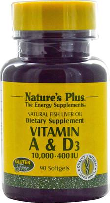 Natures Plus, Vitamin A & D3, 10,000-400 IU, 90 Softgels ,المكملات الغذائية، إيفا أوميجا 3 6 9 (إيبا دا)، زيت السمك، سوفتغيلس زيت السمك، الفيتامينات، فيتامين أ & د