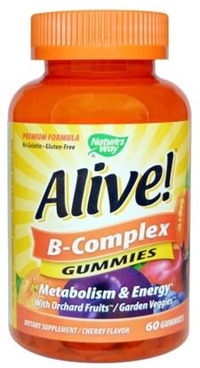 Natures Way, Alive! B-Complex, Cherry Flavor, 60 Gummies ,الفيتامينات، فيتامين ب المعقدة