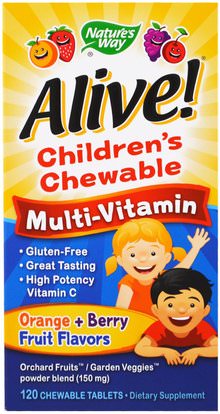 Natures Way, Alive! Childrens Chewable Multi-Vitamin, Orange, Berry Fruit Flavors, 120 Chewable Tablets ,الفيتامينات، الأطفال الفيتامينات