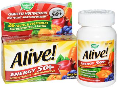 Natures Way, Alive!, Energy 50+, Multivitamin-Multimineral, For Adults 50+, 60 Tablets ,الفيتامينات، الفيتامينات