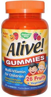 Natures Way, Alive! Gummies, Multi-Vitamin for Children, Cherry, Grape & Orange, 90 Gummies ,الفيتامينات، الأطفال الفيتامينات